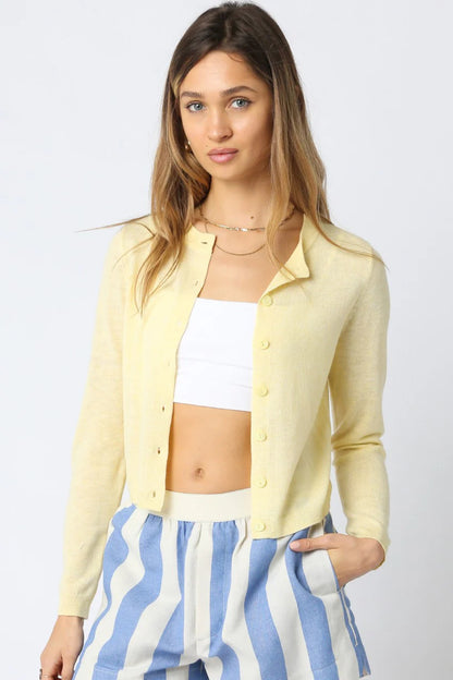 GIANNA knit cardigan in egg yellow, button-front, collared, long sleeves