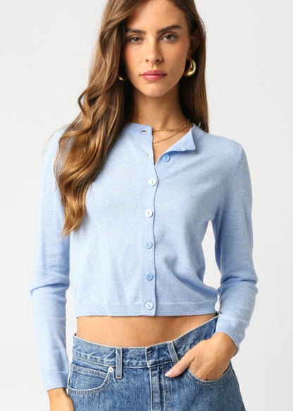 Light blue GIANNA knit cardigan with button-front and collared V-neck, long sleeves