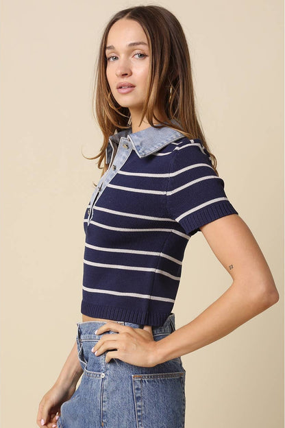 Striped collar crop top in navy grey, knit polo-style with button placket