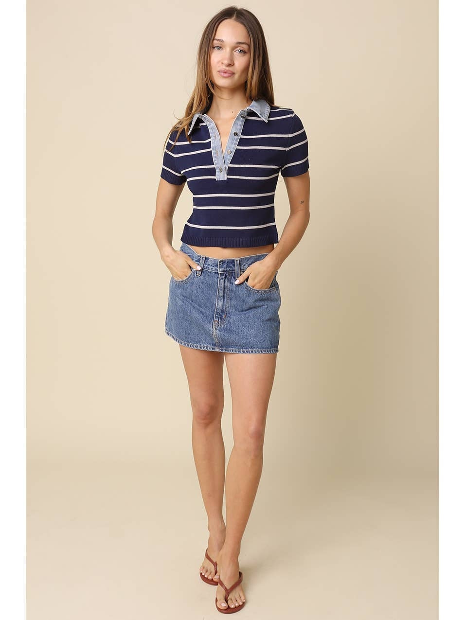 M.FREDRIC striped collar crop top, navy grey knit polo with short sleeves
