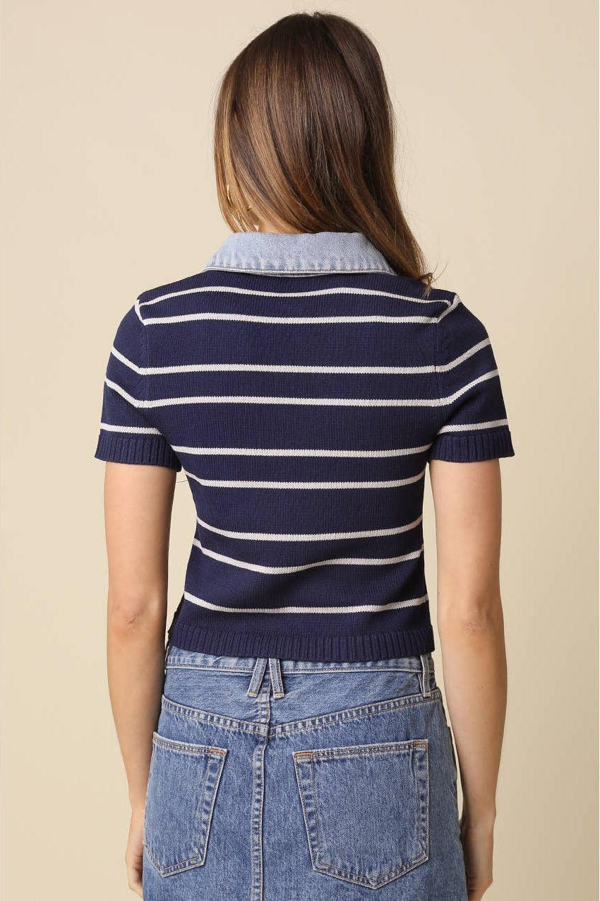 Back view: navy-grey striped collar crop top with ribbed hem and short sleeves