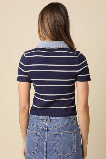 Back view: navy-grey striped collar crop top with ribbed hem and short sleeves