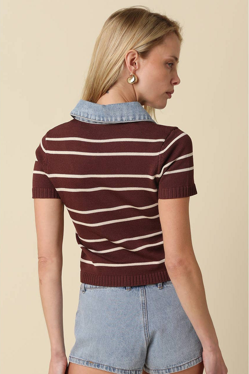 Brown and light taupe striped knit polo crop top with denim collar shown from the back