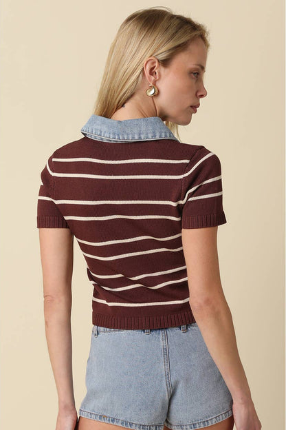 Brown and light taupe striped knit polo crop top with denim collar shown from the back