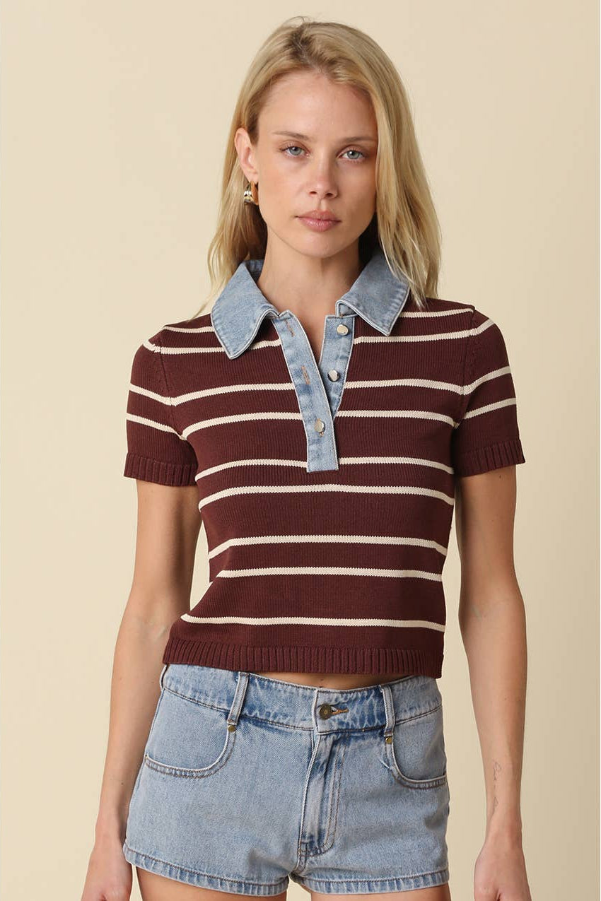 Brown and light taupe striped knit polo crop top with denim collar and buttons 