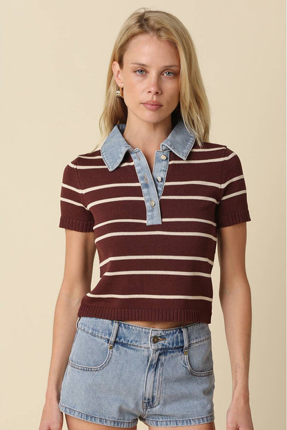 Brown and light taupe striped knit polo crop top with denim collar and buttons 