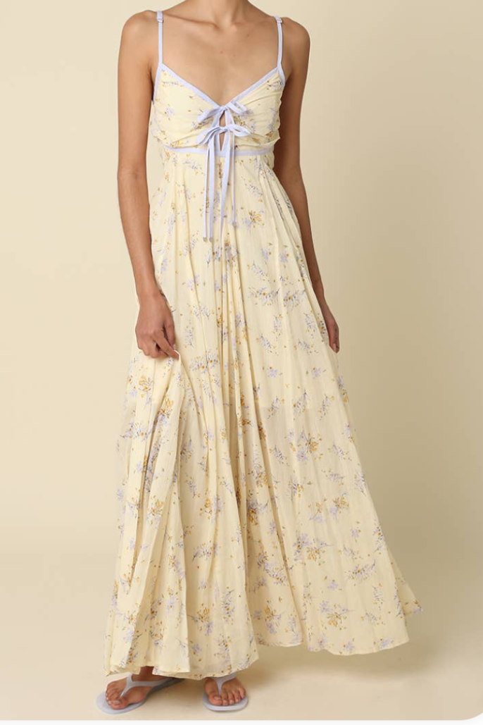 Floral maxi dress with spaghetti straps and bow-tie gathered bodice, tiered hem