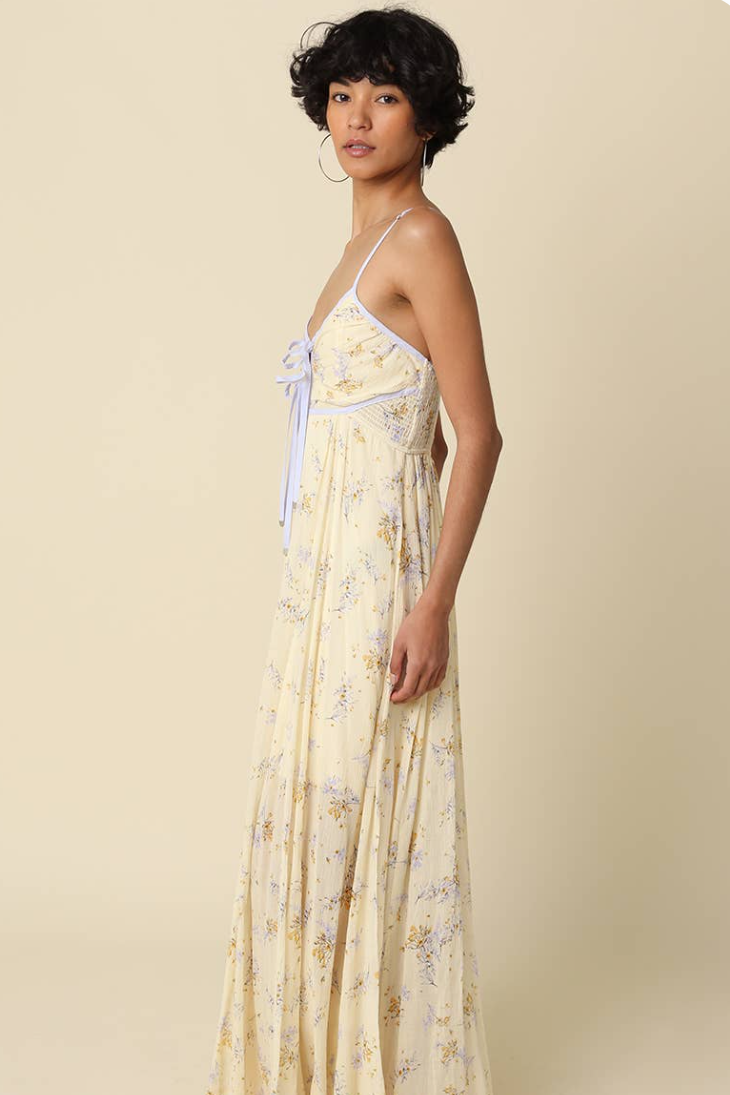 Floral maxi dress with spaghetti straps, tie-front bust detail, tiered hem