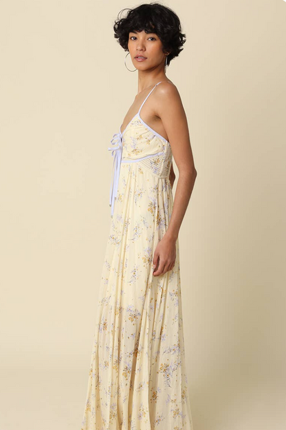 Floral maxi dress with spaghetti straps, tie-front bust detail, tiered hem