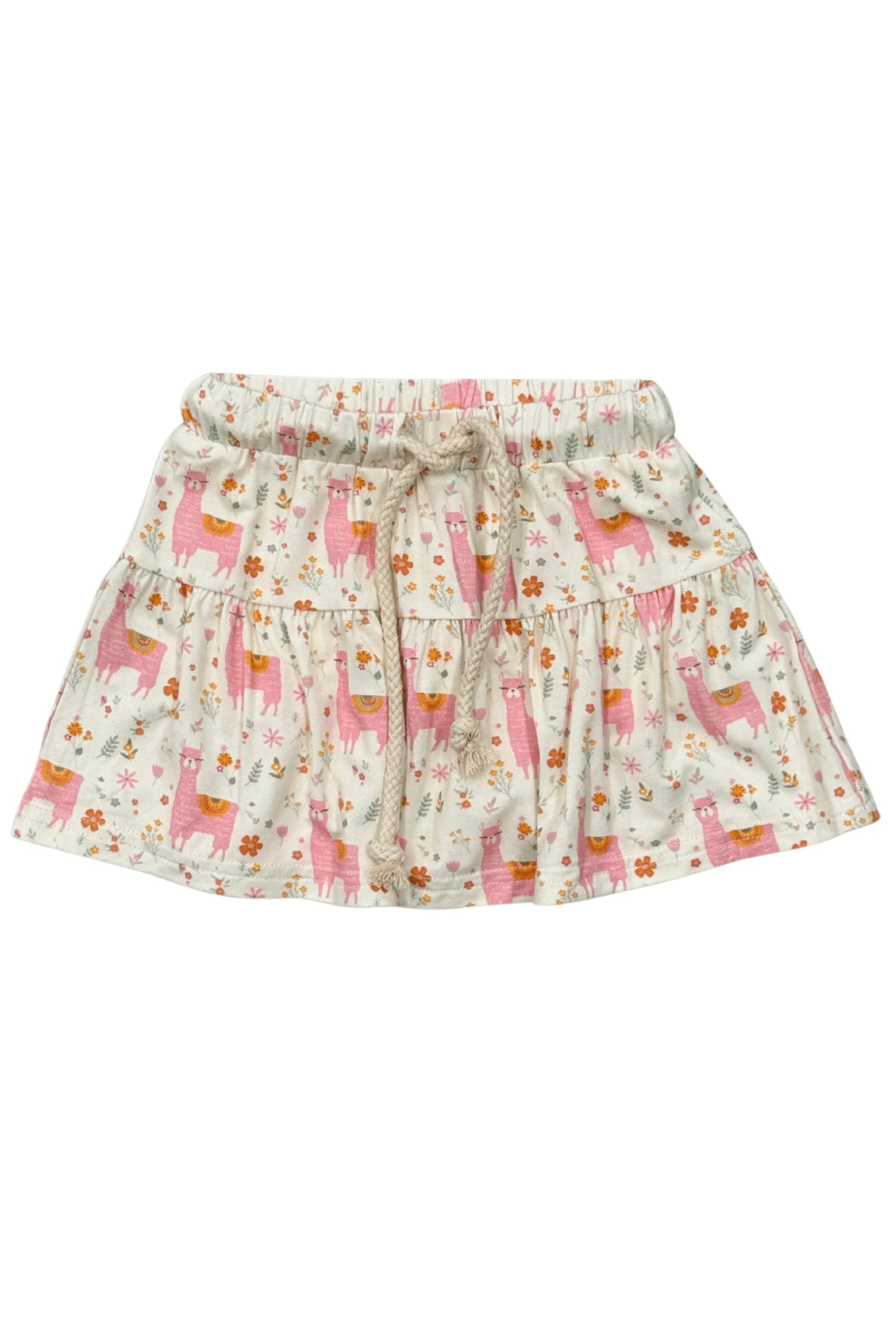 Cream llama print skort with ruffled tiers and drawstring elastic waist