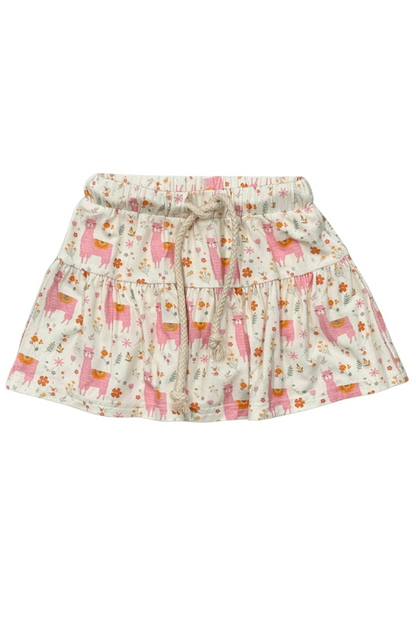 Cream llama print skort with ruffled tiers and drawstring elastic waist
