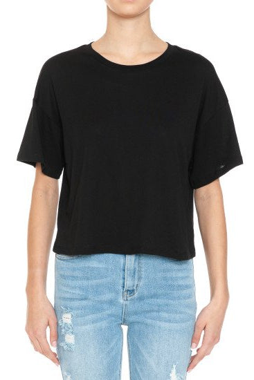 Round neck hort sleeve oversized crop top in black front view