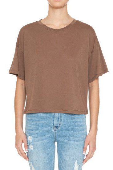 Round neck hort sleeve oversized crop top in chestnut front view