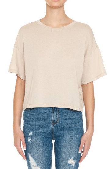 Round neck hort sleeve oversized crop top in desert front view