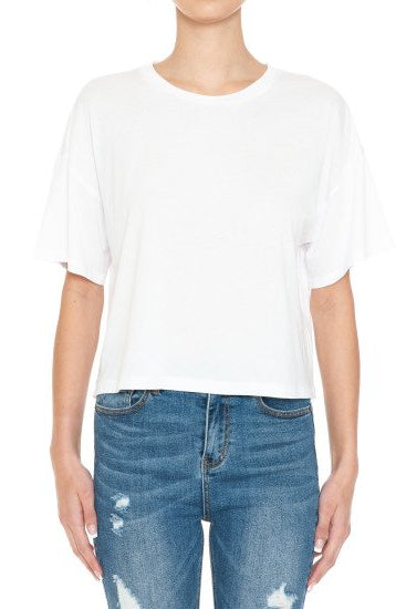Round neck hort sleeve oversized crop top in white front view
