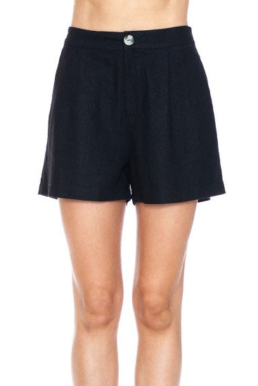 Black linen blend short trousers with elastic waistband and front button