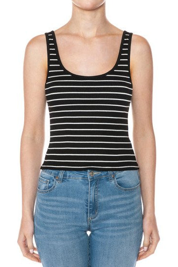 Stripe ribbed double scoop tank in black and white