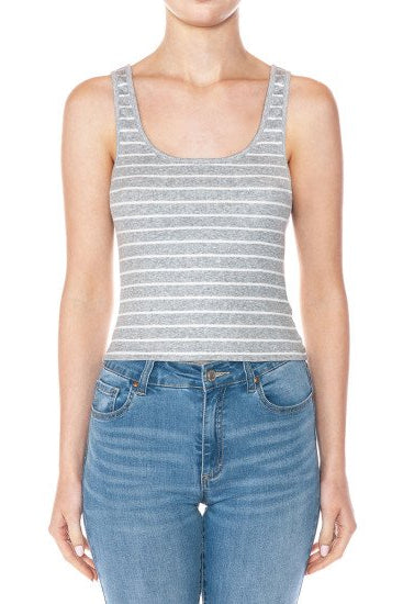 Stripe ribbed double scoop tank in heather grey and white