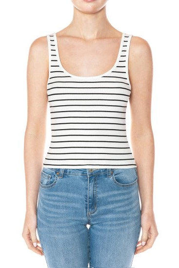 Stripe ribbed double scoop tank in white and black