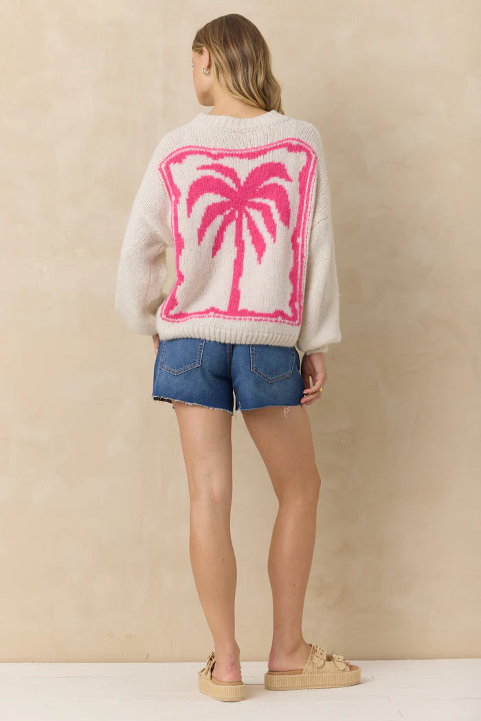 Jaquard palm tree pullover sweater in ecru hot pink back view