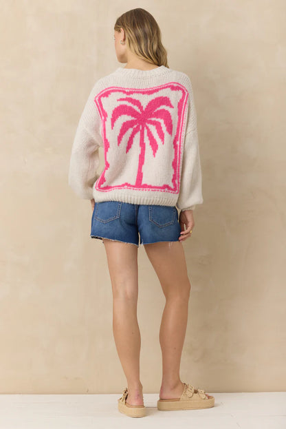 Jaquard palm tree pullover sweater in ecru hot pink back view