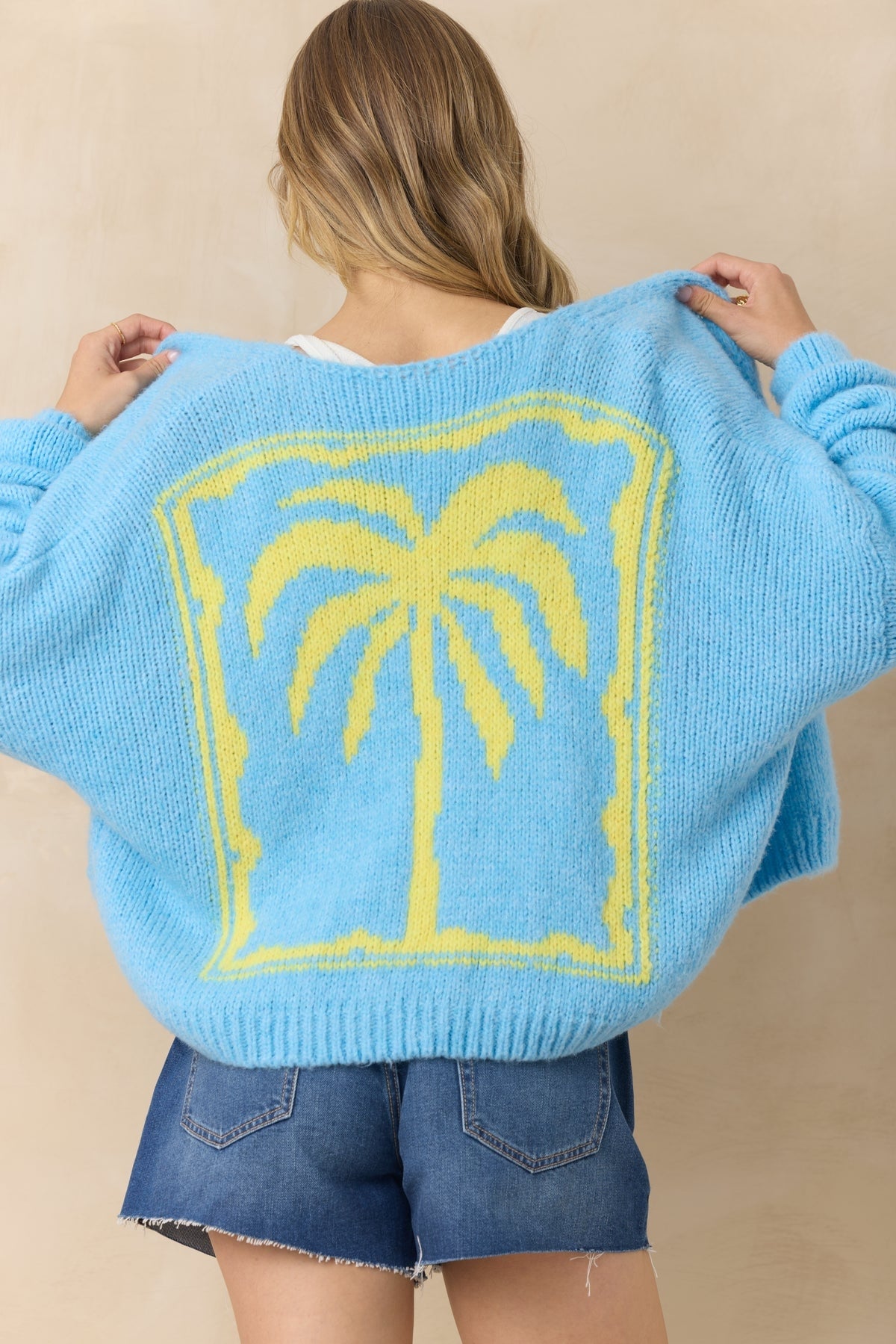Jaquard Palm Tree Cardigan Rain Blue & Yellow Back View 