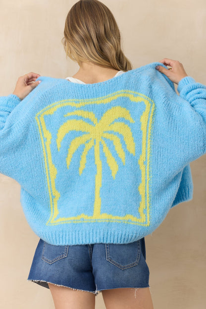Jaquard Palm Tree Cardigan Rain Blue & Yellow Back View 