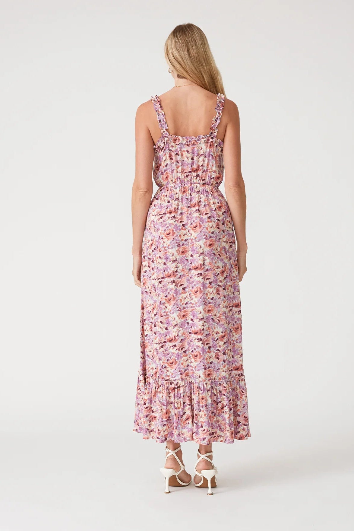 Back view: floral ruffle-strap maxi dress with smocked waist and tiered hem