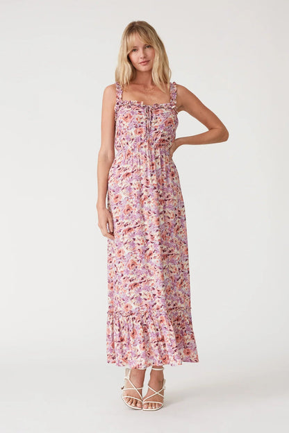 Floral ruffle-strap maxi dress with ruched bodice, tiered skirt in dusty purple/taupe