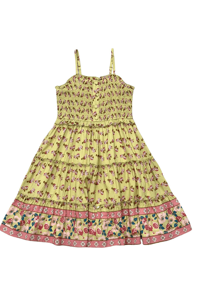 Smock button front tiered dress in rose border front view