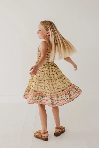 Smock button front tiered dress in rose border back view