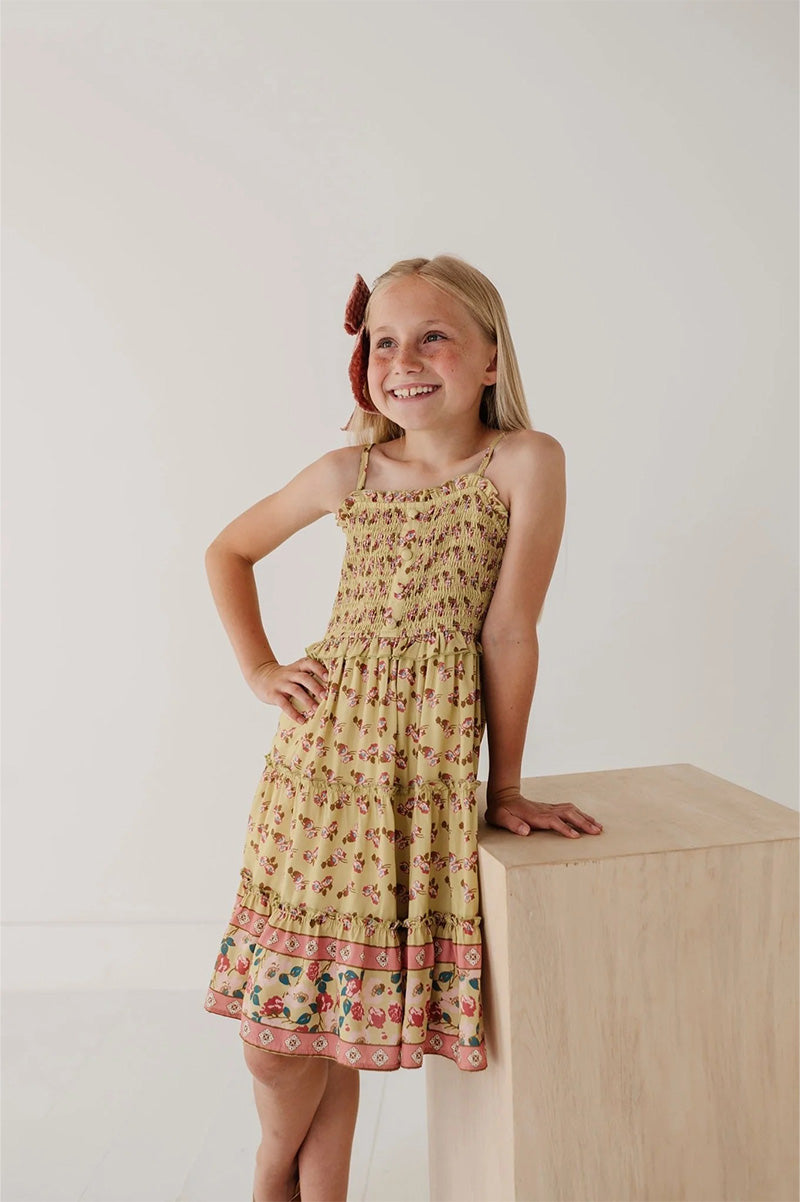 Smock button front tiered dress in rose border style view