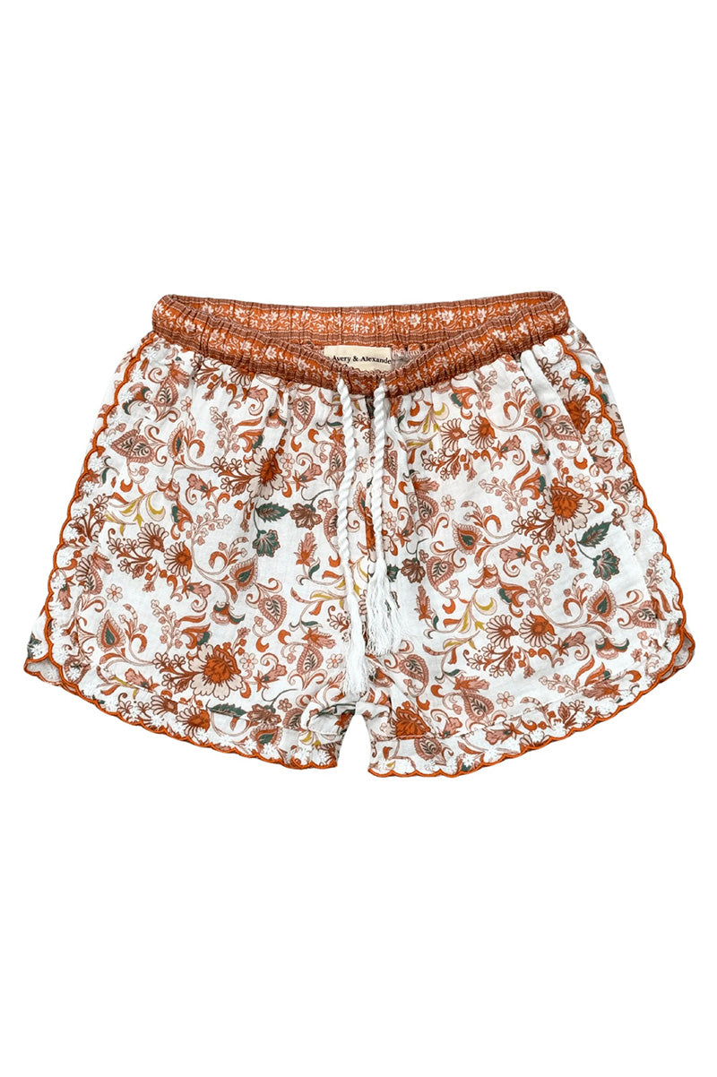 Boho border embroidered shorts with elastic waist and drawstring, all-over print