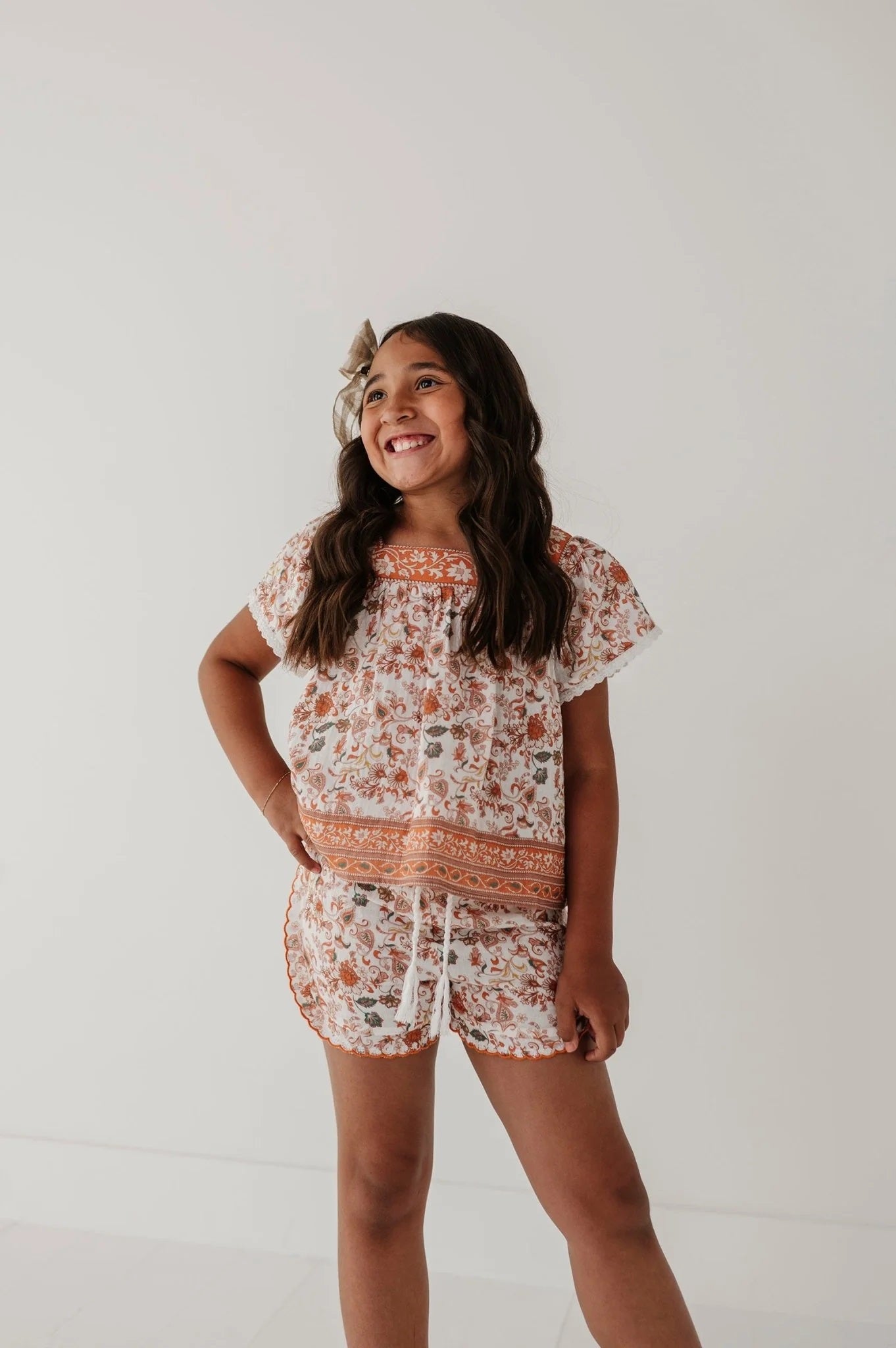 Embroidered shorts with boho border print and drawstring waist
