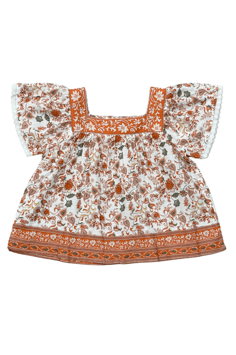 Square-neck peasant top with puff sleeves and orange-on-cream patterned border