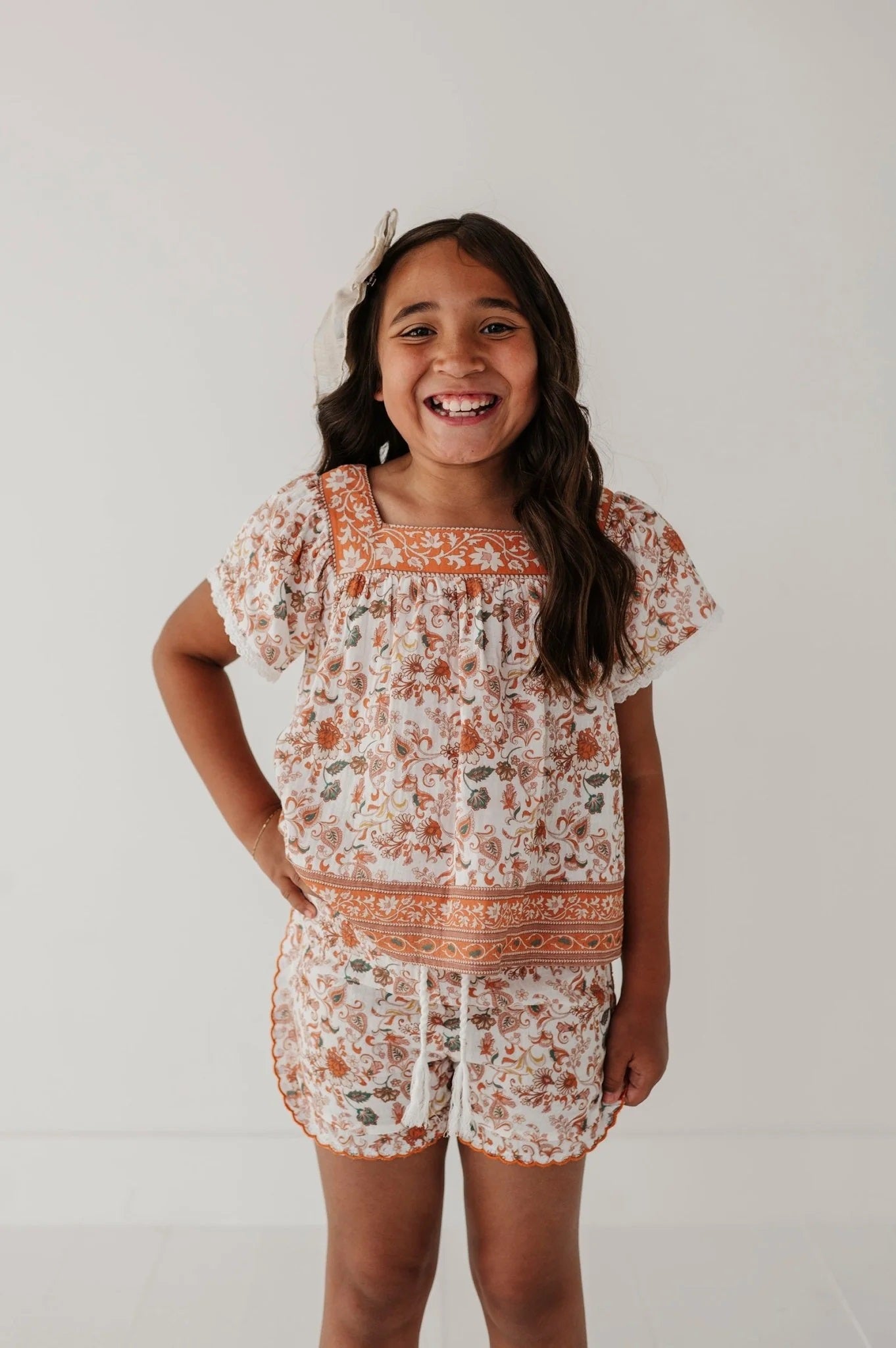 SQUARE NECK PEASANT TOP, cream with orange floral border print