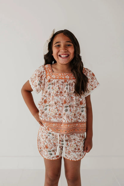 SQUARE NECK PEASANT TOP, cream with orange floral border print