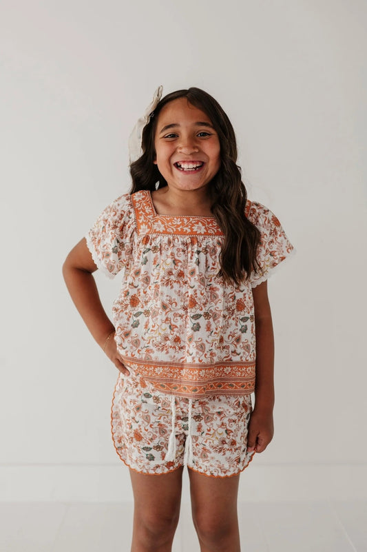 SQUARE NECK PEASANT TOP, cream with orange floral border print
