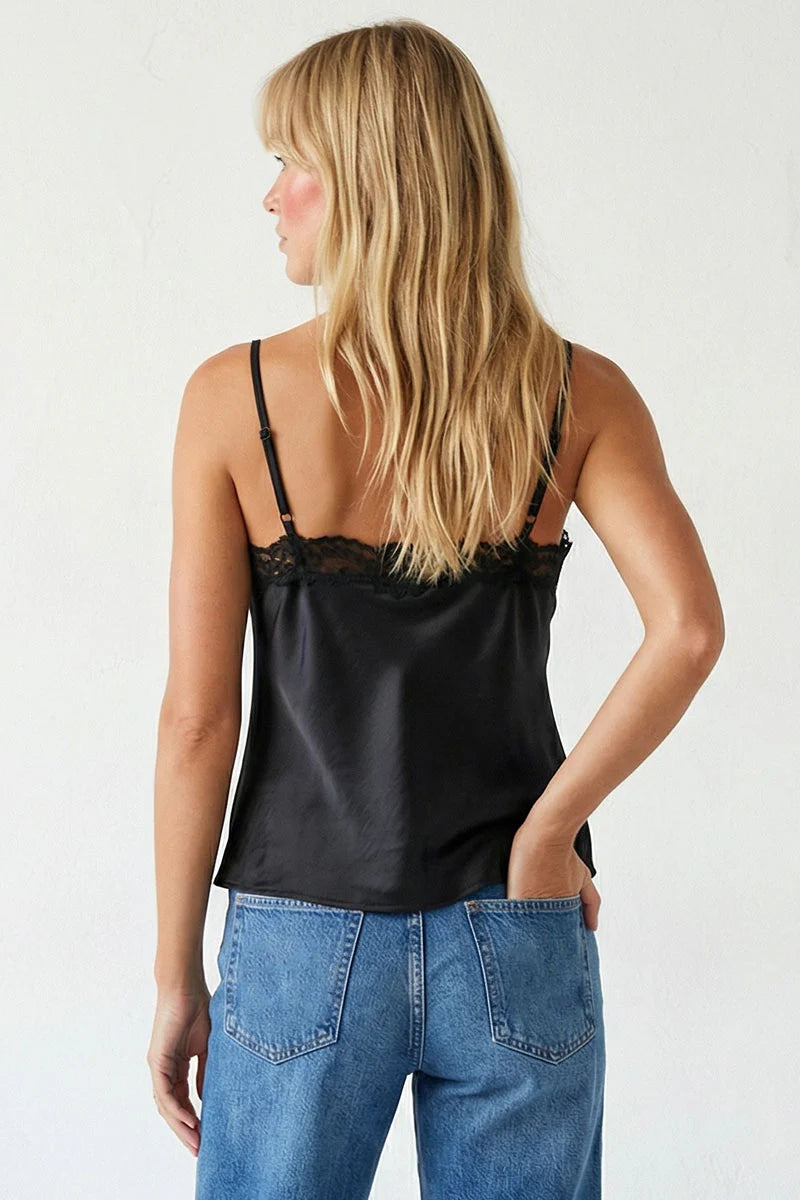 Black satin cami with lace-trim straps and open back neckline.