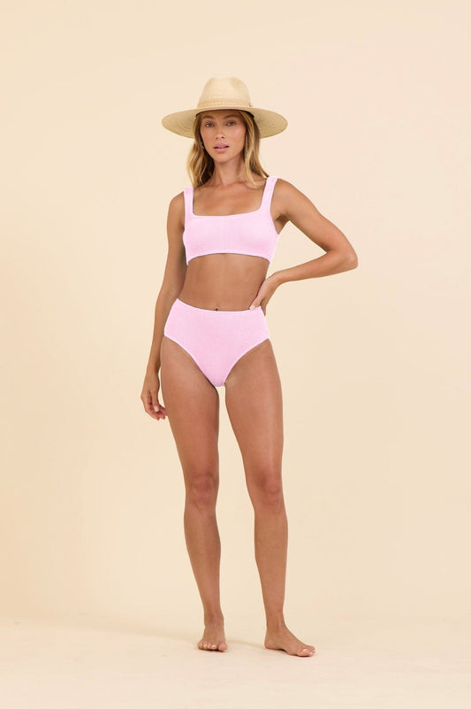 High-waist bikini bottoms in pink, square back with ruched krinkle texture