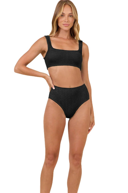 High-waist bikini bottoms in black with ruched krinkle texture and wide waistband