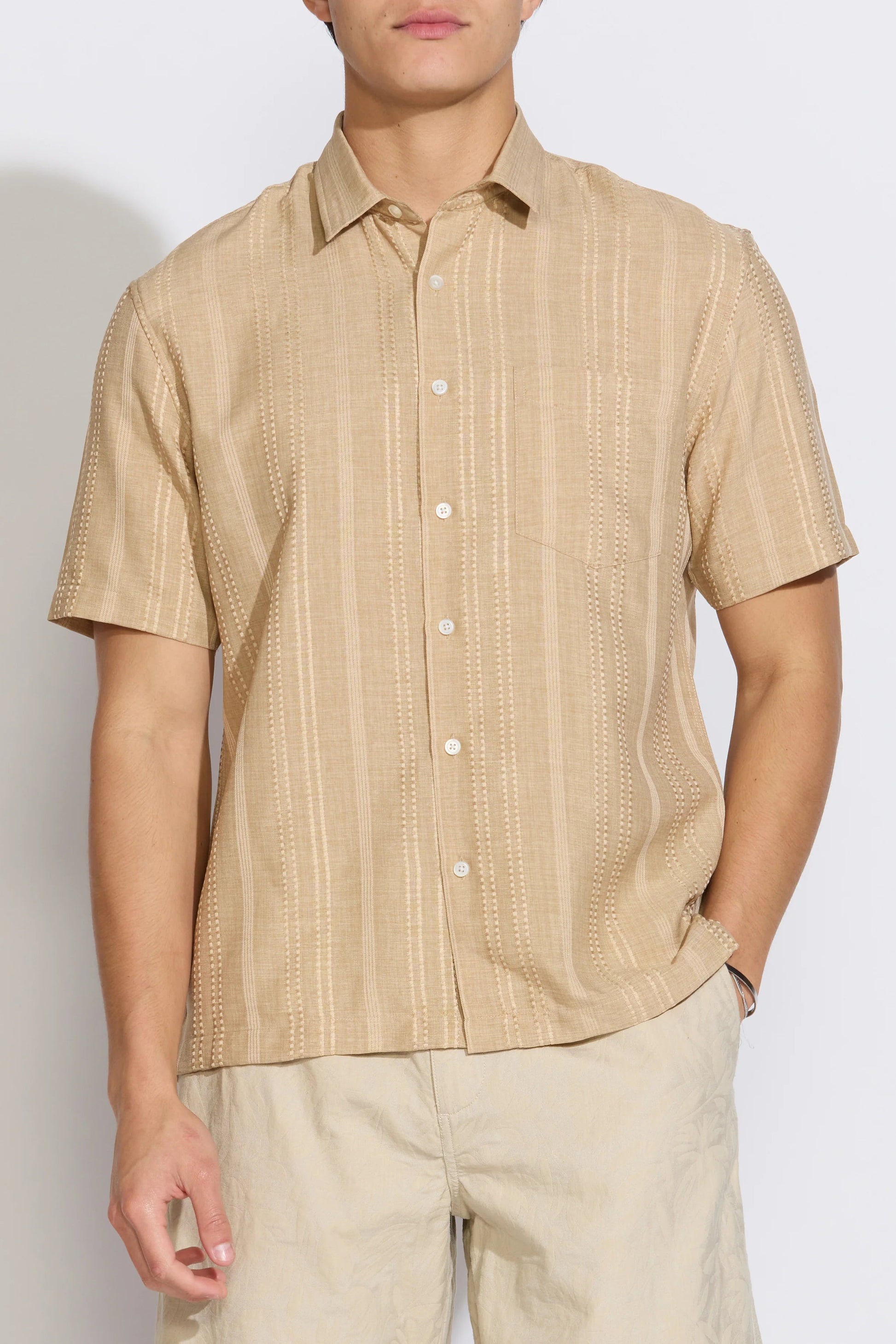 Bataraza short sleeve woven shirt in khaki front view