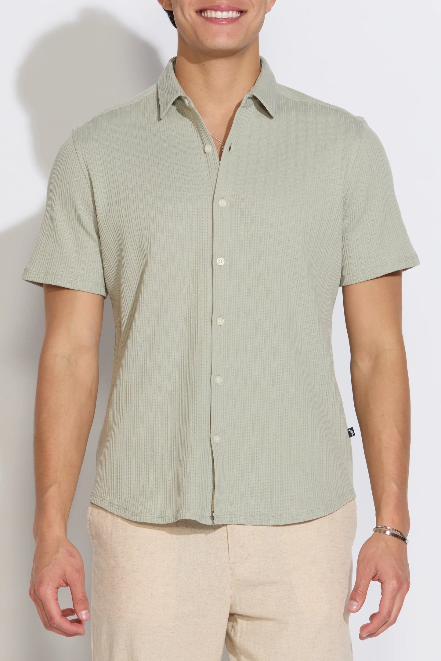 Rancho short-sleeve striped jacquard shirt, sage green front