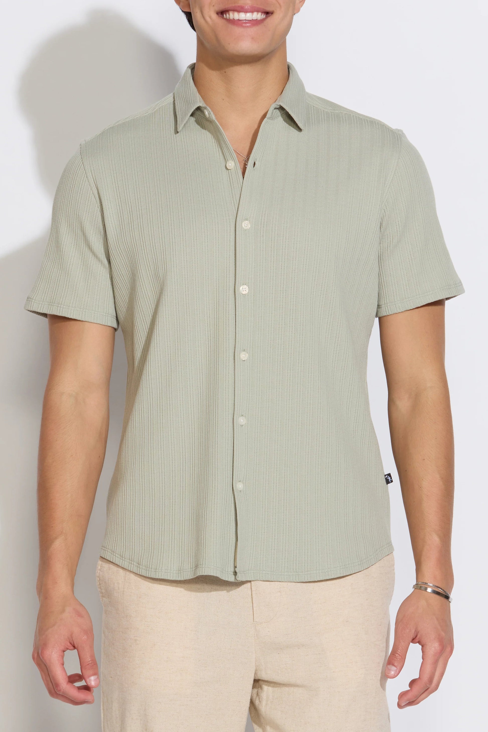 Rancho short-sleeve striped jacquard shirt, sage green front