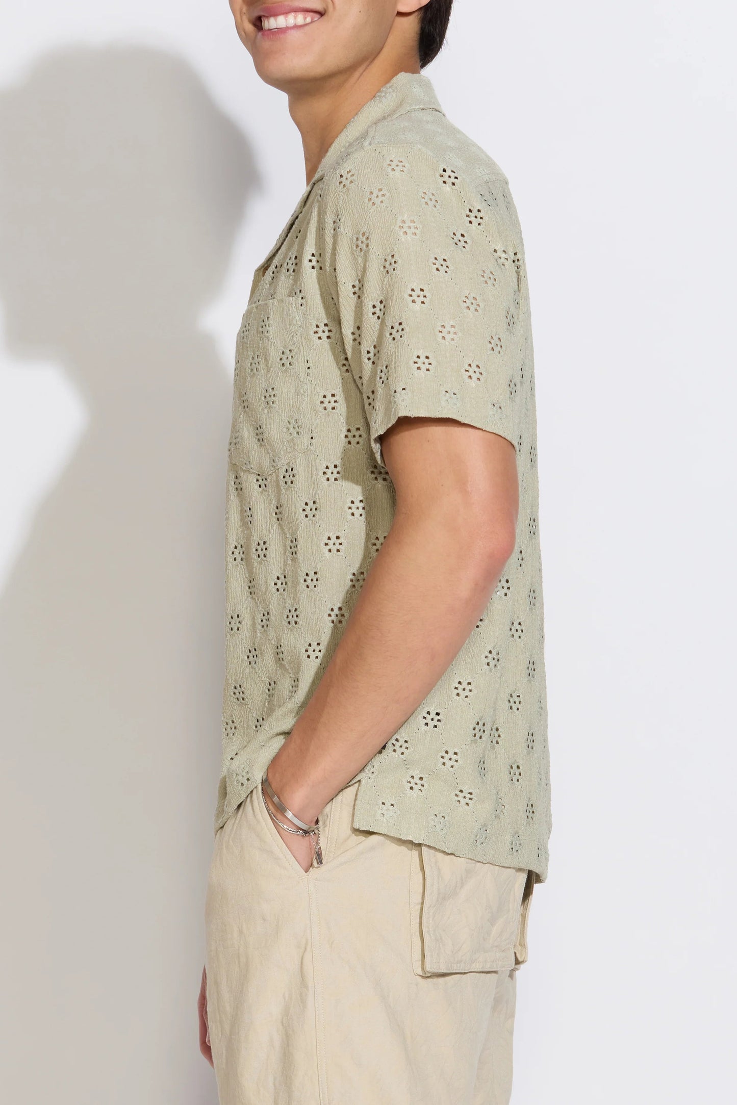 Wake short sleeve knit pocket resort shirt in light olive side view