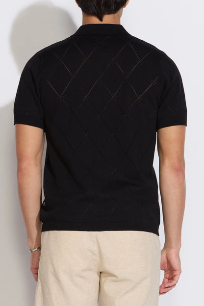 Black argyle short-sleeve sweater polo, back view with diamond pattern