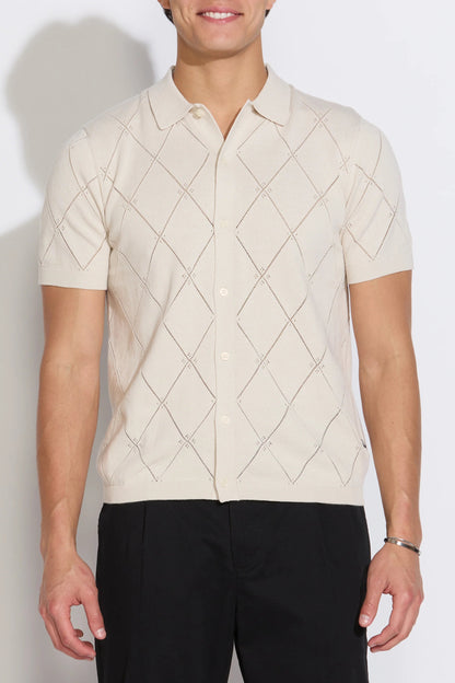 Stone argyle short-sleeve sweater polo, button placket and ribbed collar