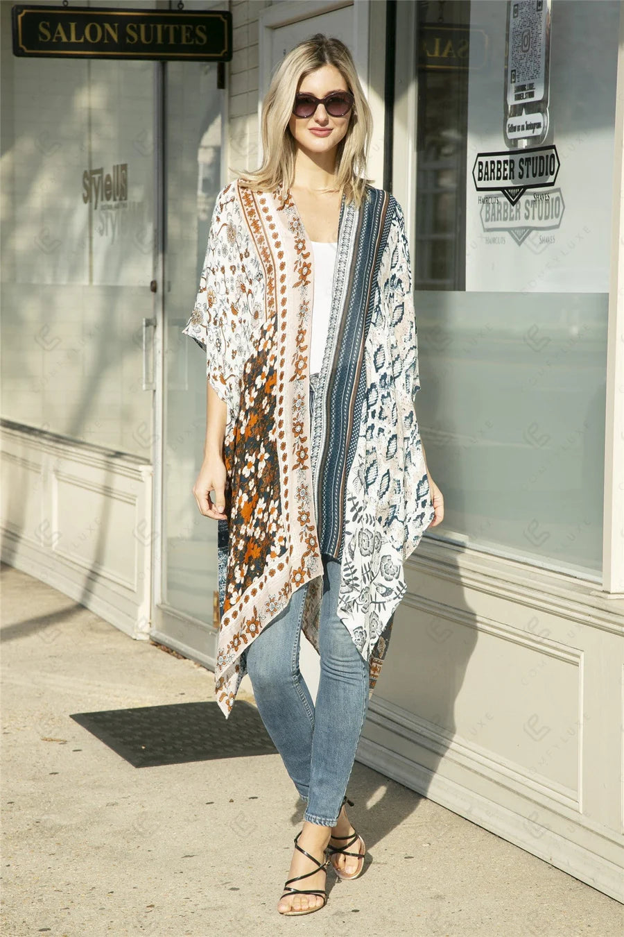 Mixed floral print kimono in blue front view