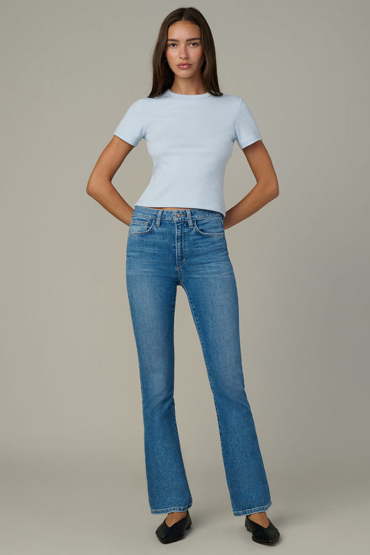 Light blue bootcut jeans with high rise and five-pocket styling