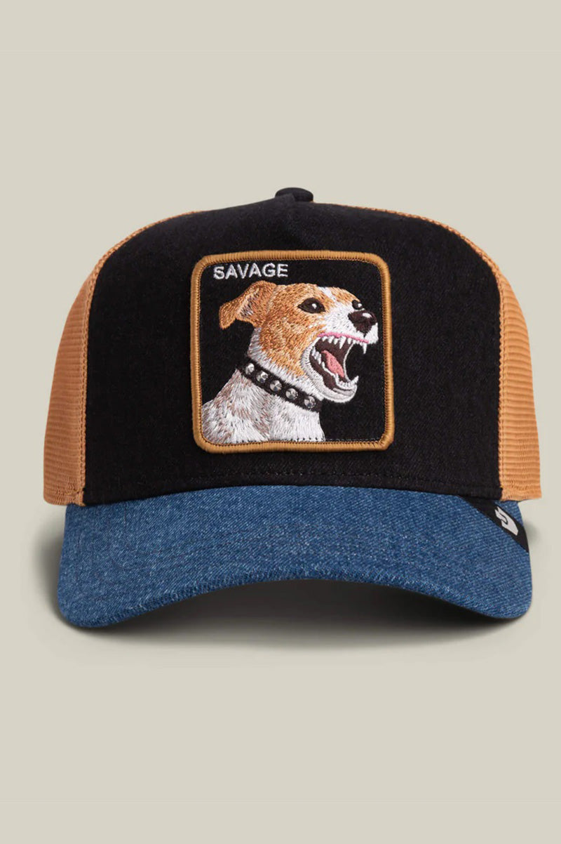 Trucker cap, black crown with dog patch, tan mesh, denim brim
